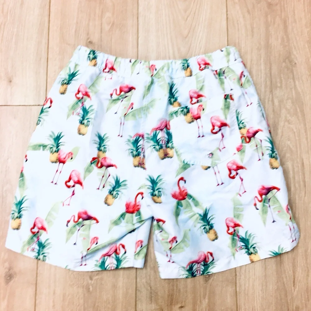 ASOS Men's White Print Swim Trunks shorts palm trees pineapples beachy small